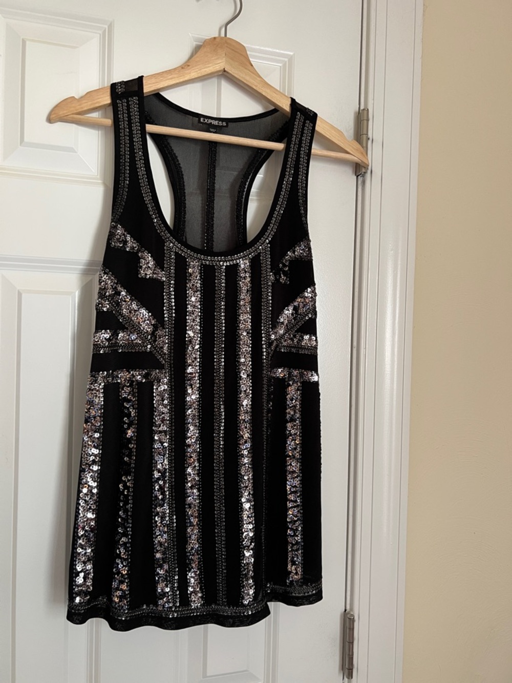 Express Black Sequin Racerback Tank with Silver Accents-Small